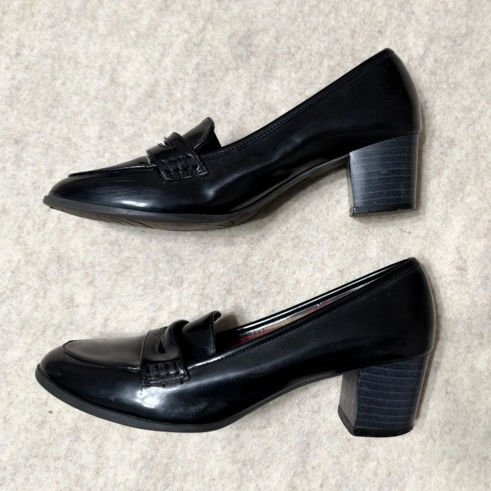Y2K Heeled Penny Loafers Black Patent Leather Block Heel Shoes 8 Twee Preppy Mod_2